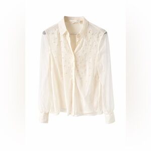 Ultra Pink Cream Sheer Blouse with Pearl Accents